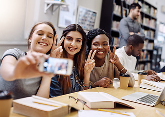 Image showing Women group, selfie and college library with smile, happiness and diversity for social network. Girl, friends and happy for photography, profile picture and blog for solidarity, education or support