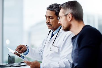 Image showing Healthcare, talking and doctor with a man and tablet for consulting, results and help with health. Planning, medicine and a mature hospital worker speaking to a patient about medical service on tech