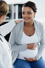 Image showing Pregnant woman, smile and doctor in a hospital at baby check up with happiness. Stomach, pregnancy and healthcare with a professional in clinic with a African female patient in wellness consultation