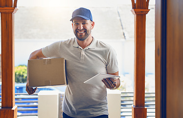 Image showing Happy delivery man, box and portrait with tablet for order, parcel or courier service at front door. Male person smiling with package, carrier or cargo for online purchase, deliver or transport