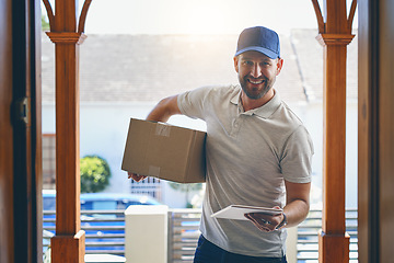 Image showing Happy delivery man, box and portrait in logistics, parcel or courier service with tablet at front door. Male person smiling with package, carrier or cargo for online purchase, transport or ecommerce