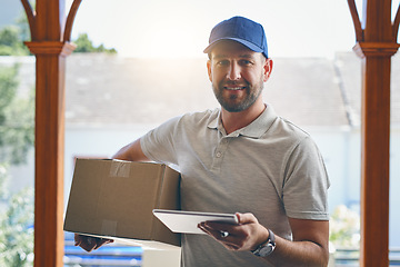 Image showing Happy delivery man, box and tablet in logistics, ecommerce or courier service at front door. Portrait of male person smiling with package, carrier or cargo for online purchase, order or transport