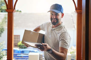 Image showing Delivery man, portrait and box with tablet for logistics, ecommerce or courier service at front door. Happy male person smiling with package, carrier or cargo for online purchase, order or transport