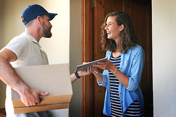 Image showing Happy woman, delivery man and box with tablet at door for order, parcel or cargo in transport service. Female person receiving shipment from male courier, supply chain or ecommerce purchase at home