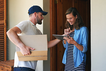 Image showing Woman, delivery man and box with tablet for ecommerce order, parcel or cargo in transport service. Female person receiving shipment from male courier, supply chain or online purchase at front door