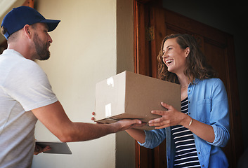 Image showing Happy woman, delivery man and package box at door for order, parcel or cargo of customer in transport service. Female person receiving shipment from male courier, supply chain or deliver at the house