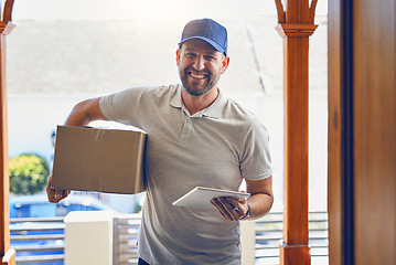 Image showing Happy delivery man, box and portrait with tablet for order, parcel or courier service at front door. Male person smiling with package, carrier or cargo for online purchase, transport and supply chain