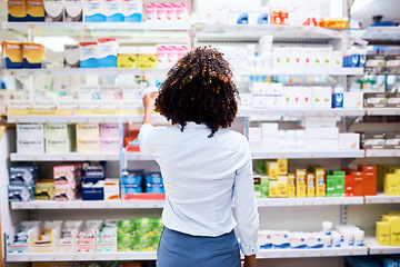 Image showing Back, pharmacy and medication with a woman customer buying medicine from a shelf in a dispensary. Healthcare, medical or treatment with a female consumer searching for a health product in a drugstore