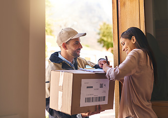 Image showing Signature, woman and courier with a box, delivery and distribution with a box, service and professional. Female person, client or employee with a package, sign and shipping with a parcel or cardboard