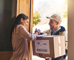 Image showing Sign, woman and courier with a package, delivery or box with service, professional or retail. Female person, customer or employee with a parcel, writing or supply chain with distribution or signature