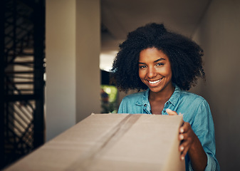 Image showing African woman, front door and box for delivery, e commerce or service in portrait with smile at house. Girl, package and happy for supply chain, customer experience and cargo for mail at apartment