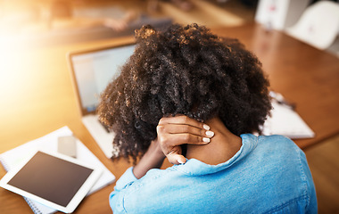 Image showing Back, employee and black woman with neck pain, tired and stretching with stress, massage and overworked. Female person, consultant and agent with spine injury, health issue and medical problems