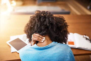 Image showing Back, business and black woman with neck pain, fatigue and stretching with burnout, stress and overworked. Female person, employee or agent with spine injury, accident and emergency with health issue