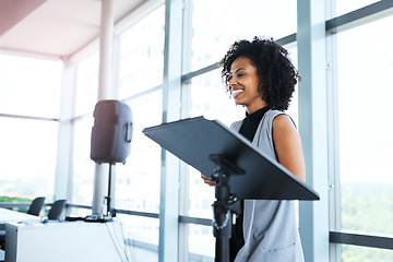 Image showing Meeting, presentation and female presenter in the office boardroom for a business conference. Corporate speech, speaker and woman manager talking at a tradeshow, seminar or workshop in the workplace.