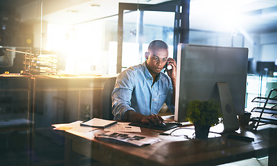 Image showing Business man call, night working and computer with office communication and project web research. African male worker, technology and phone for website networking for company with tech and internet