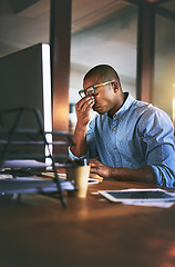 Image showing African business man, stress and fatigue in night, office and headache by computer for project deadline. Black businessman, burnout or anxiety in workplace by pc, web design startup and mental health