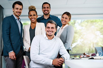 Image showing Diversity, portrait of colleagues smile and in office of their workplace with lens flare. Corporate team or businesspeople, collaboration or teamwork and happy group smiling together at work