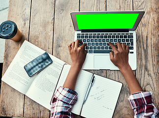 Image showing Woman, hands and laptop of student on green screen mockup above for studying, education or research at cafe. Top view of female person hand on computer display for university project at coffee shop