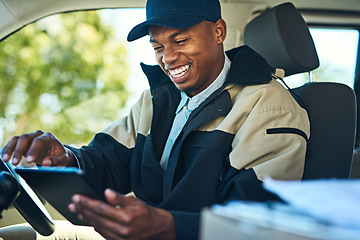 Image showing Delivery, courier van and black man with tablet for distribution, shipping logistics and transport. Ecommerce, online shopping and male worker on digital tech to deliver package, order and product