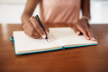 Image showing Diary, writing and hands of woman with notebook for planning, creative ideas and reflection at home. Brainstorming, inspiration and female person write checklist, agenda and schedule in journal