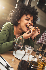 Image showing Relax, girl and woman with pizza, restaurant and red wine on a weekend break, delicious and celebration. Female person, eating and lady with food, alcohol and drinking for event, party and hungry