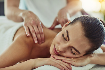 Image showing Detox, beauty and massage with woman in spa for wellness, luxury and treatment. Skincare, peace and zen with female customer and hands of therapist for physical therapy, salon and relax