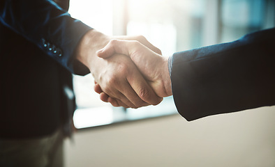 Image showing Handshake, partnership and b2b with business men in the office for agreement, deal or company merger. Meeting, interview or welcome with people greeting at work in collaboration or to say thank you