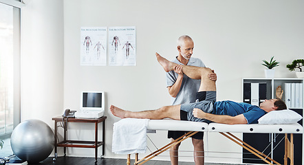 Image showing Support, physiotherapist or patient with leg injury, recovery or healthcare for wellness. Male person, client or chiropractor with skills, stretching legs or consultation for physiotherapy or healing