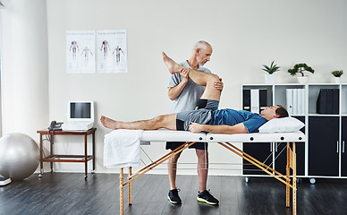 Image showing Healing, physiotherapist or patient with healthcare, leg injury or recovery with wellness, care or stretching. Male person, customer or chiropractor with physical therapy, rehabilitation or knee pain