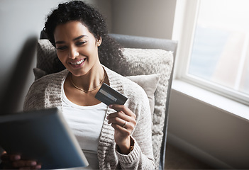 Image showing Ecommerce, credit card and girl on tablet for online shopping, product or digital payment in home or internet banking. Latino woman, debit order and technology, retail or spending money in house