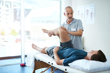 Image showing Physical therapist, client and man with leg injury, healing and consultation for rehabilitation. Male person, customer and chiropractor with physiotherapist, healthcare and wellness with stretching
