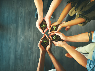 Image showing Plant, sustainability and space with hands of business people for teamwork, earth or environment from above. Collaboration, growth and mockup with employees and soil for future, partnership or invest