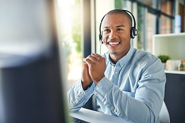 Image showing Call center, customer service and happy black man on computer for consulting, help and advice. Telemarketing, communication and male consultant smile for contact, crm support and networking in office