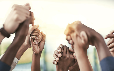 Image showing Business, people, staff and group holding hands, solidarity and support with collaboration. Team, coworkers and partnership with cooperation, teamwork and goal with a target, growth and celebration