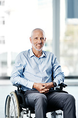Image showing Insurance, wheelchair and portrait of a man with a disability at a hospital for rehabilitation. Disabled, healthcare and a senior patient with a smile at a clinic for nursing and recovery care