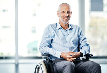 Image showing Happy, wheelchair and portrait of a man with a disability at a hospital for rehabilitation. Disabled, health insurance and a senior patient with a smile at a clinic for nursing and recovery care