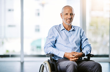 Image showing Healthcare, wheelchair and portrait of a man with a disability at a hospital for rehabilitation. Disabled, health insurance and a senior patient with a smile at a clinic for nursing and recovery care