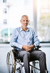 Image showing Hospital, healthcare and portrait of a man with a disability and ready to start rehabilitation. Disabled, health insurance and a senior patient with a smile at a clinic for nursing and recovery care