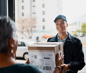 Image showing Customer, box and delivery man giving package at home from courier company with friendly service. Logistics worker at door of woman or client with a parcel in cardboard for e commerce shipping