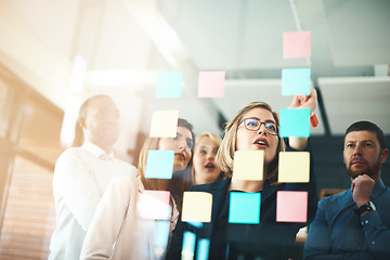 Image showing Business people, teamwork and brainstorming ideas on glass for agenda, feedback and target in office. Woman, manager and employees planning schedule of project, timeline and mindmap with sticky note