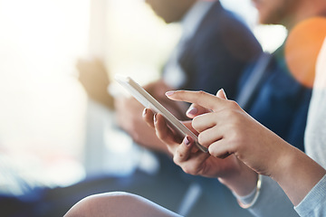 Image showing Business woman, hand and phone in a meeting or conference while typing for notes or communication. Female entrepreneur in seminar or workshop audience with a smartphone for research or to check email