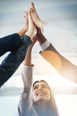 Image showing Business people, group high five and together for motivation, support or happiness for goals in insurance company. Team building, hands and connection with synergy, teamwork and success in workplace