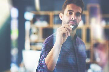 Image showing Planning, ideas and businessman working in the office while doing research for a corporate strategy. Professional, writing and male employee brainstorming for a company project in workplace boardroom