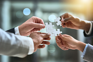 Image showing Solution, puzzle and group of people hands for business goals, project integration and workflow or success. Team building, progress and development of person problem solving, synergy or collaboration