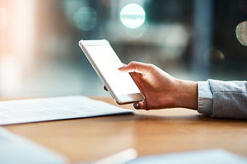 Image showing Phone screen, space and man hands for business communication, mobile app and website or search mockup at night. Cellphone, mobile app and corporate person with connection, networking and chat mock up