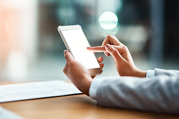 Image showing Closeup, hands and woman a smartphone, mockup and typing with connection, screen or social media. Female person, girl or employee with a cellphone, communication or network with mobile app or contact