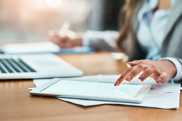 Image showing Tablet, screen and business woman hands for market research, writing and planning at office desk. Typing, search and professional person with digital technology and notes for internet data and mockup