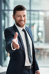 Image showing Business man, portrait and handshake offer for job success, agreement or introduction, hiring and welcome. Happy person shaking hands in pov meeting, night deal or congratulations and thank you sign