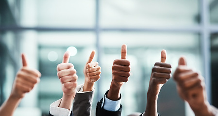 Image showing Winning, thumbs up and group of people thank you, support or teamwork hands for vote, yes or like emoji. Collaboration, target or winner women and men in business ok, diversity success or thanks sign