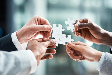 Image showing Puzzle, teamwork or group of people hands for solution, business goals and integration of workflow or success. Team building, games and development of person problem solving, synergy or collaboration